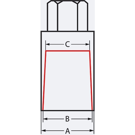 Zeichnung einer Schraube mit Maßangaben. Die rote Linie zeigt die Form des Schraubenkopfes.